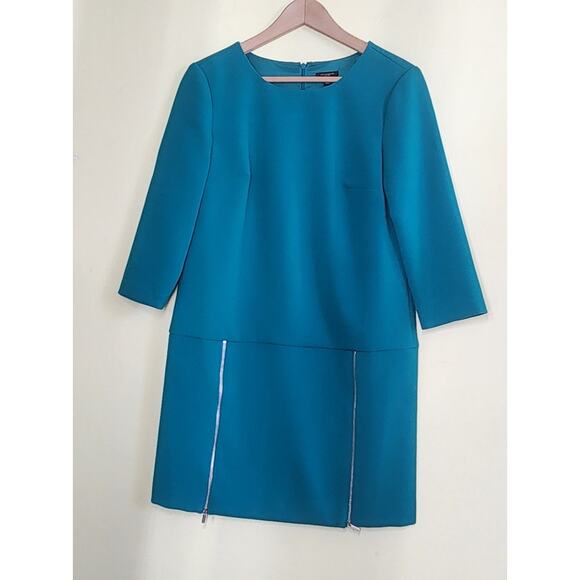 Ann Taylor Shift Sheath Dress Size 2 Teal Green 3/4 Sleeve Zipper Accent Classic - Picture 4 of 10